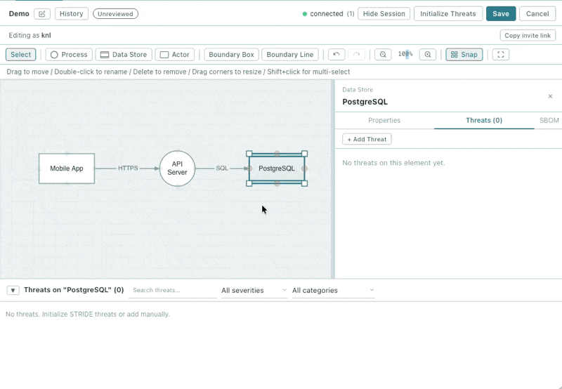 Animated demo of running STRIDE analysis and viewing generated threats