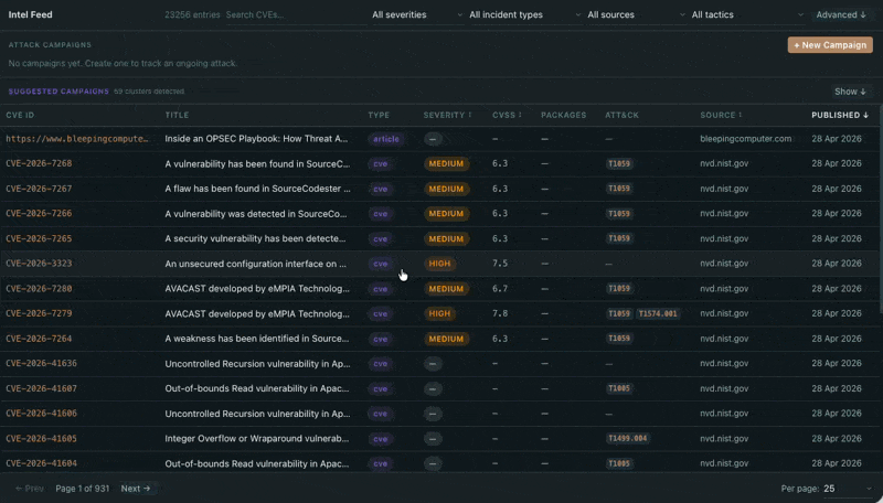 Animated demo of the supply chain intel feed with CVE matching